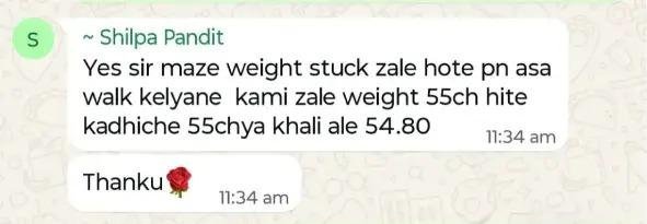 Mrs. Shilpa Pandit — verified WhatsApp testimonial — weight reduction from 55 kg back from plateau, under Dr. D.K. Rai's care
