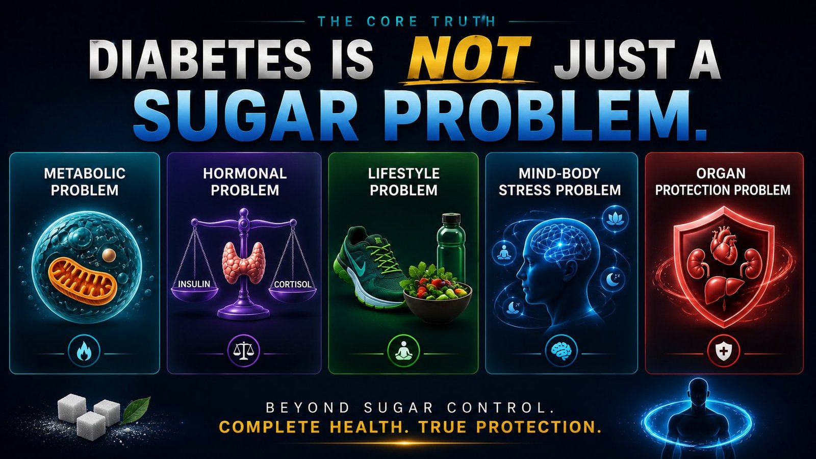 Diabetes is NOT just a sugar problem — 5 deeper root causes: Metabolic, Hormonal, Lifestyle, Mind-Body Stress, Organ Protection